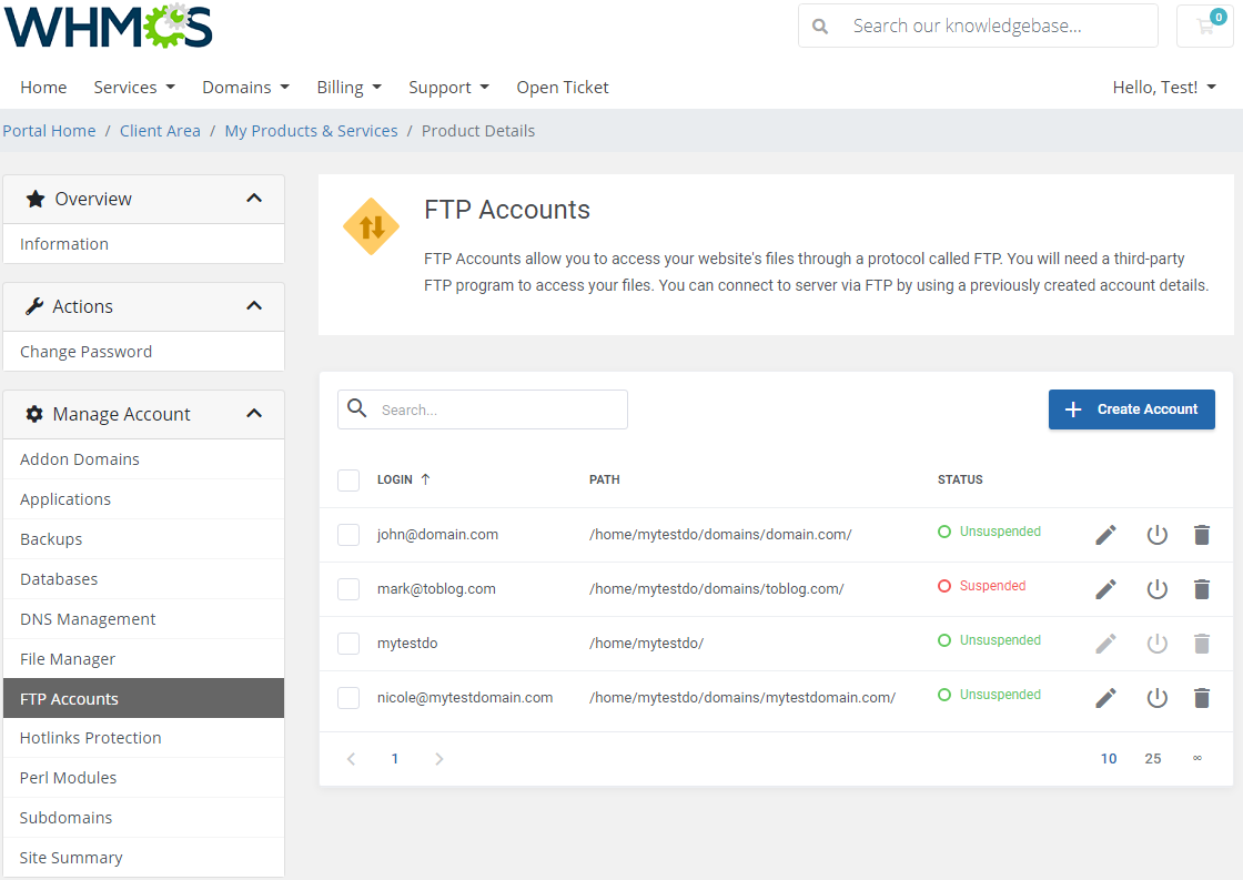 DirectAdmin Extended For WHMCS: FTP Accounts list in the client area with status, Create Account button and action icons