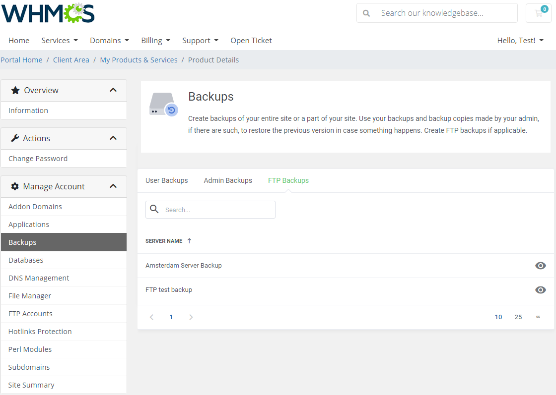 DirectAdmin Extended For WHMCS: FTP Backups tab in the client area listing server backups with a view icon for each