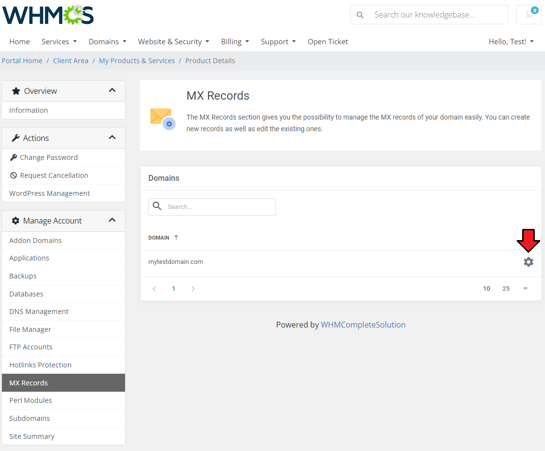 DirectAdmin Extended For WHMCS: MX Records domains list in the client area with the settings icon marked