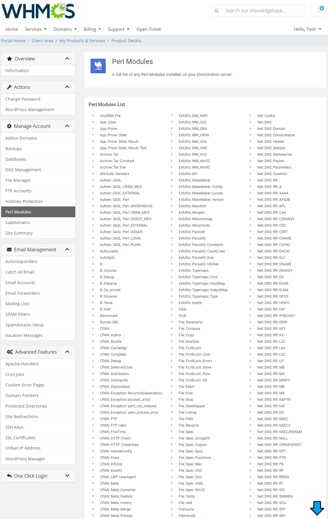 DirectAdmin Extended For WHMCS: Perl Modules page in the client area with a long list of Perl modules installed on the