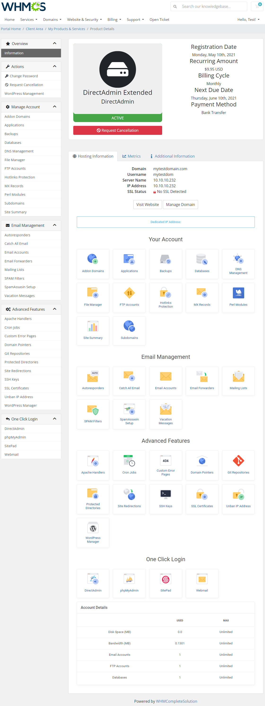 DirectAdmin Extended For WHMCS: WHMCS client area product details with the module menus and feature icons