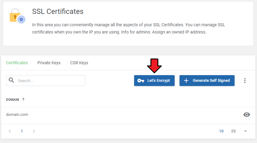 DirectAdmin Extended For WHMCS: client area SSL Certificates page with the Let's Encrypt button