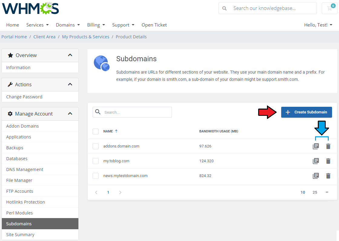 DirectAdmin Extended For WHMCS: Subdomains list in the client area with Create Subdomain button and bandwidth usage
