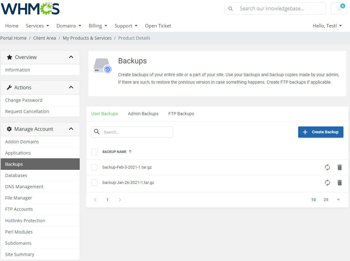 DirectAdmin Extended For WHMCS: User Backups tab with backup files, Create Backup button and restore and delete icons
