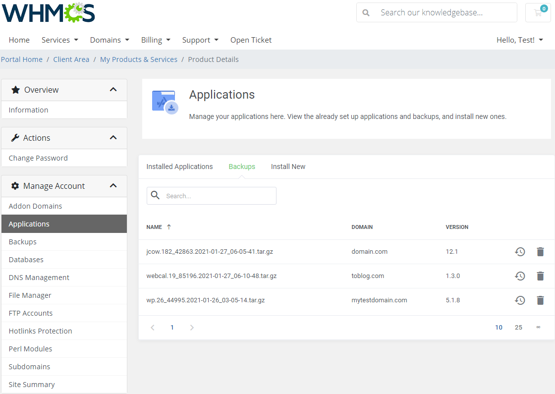DirectAdmin Extended For WHMCS: client area Backups tab with backup files and restore and delete icons