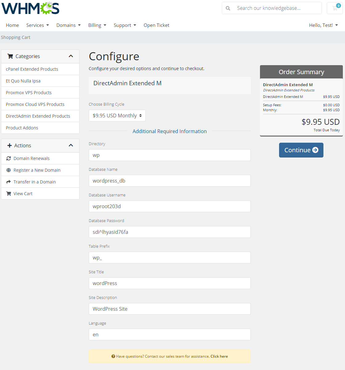 DirectAdmin Extended For WHMCS: client area order form with application Directory, Database and Site Title fields