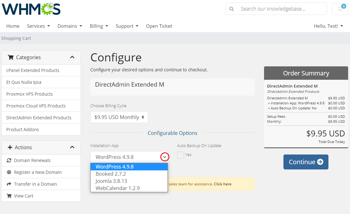 DirectAdmin Extended For WHMCS: client area order page with the Installation App application dropdown
