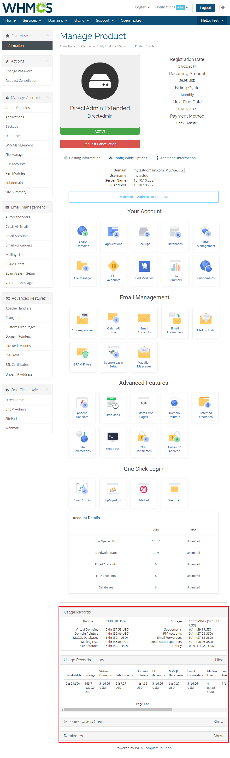 DirectAdmin Extended For WHMCS: client area Manage Product page with Usage Records and history highlighted