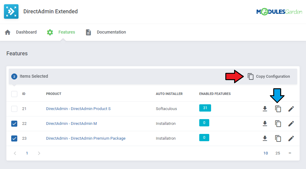 DirectAdmin Extended For WHMCS: Features list with two selected products and the Copy Configuration button