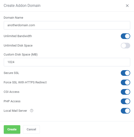 DirectAdmin Extended For WHMCS: Create Addon Domain form with bandwidth, disk space, SSL and PHP options