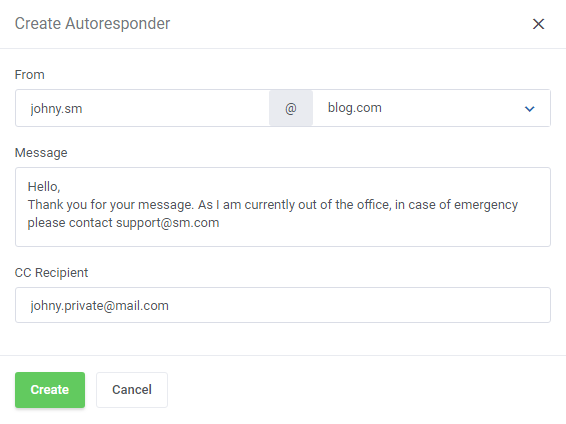 DirectAdmin Extended For WHMCS: Create Autoresponder dialog with the message and CC Recipient fields