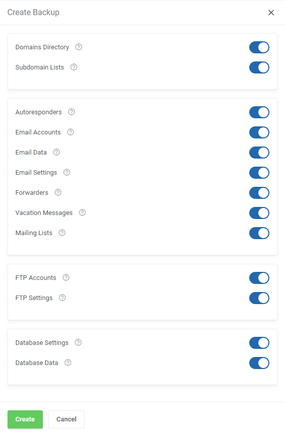 DirectAdmin Extended For WHMCS: Create Backup dialog with toggles for domains, email, FTP and database data