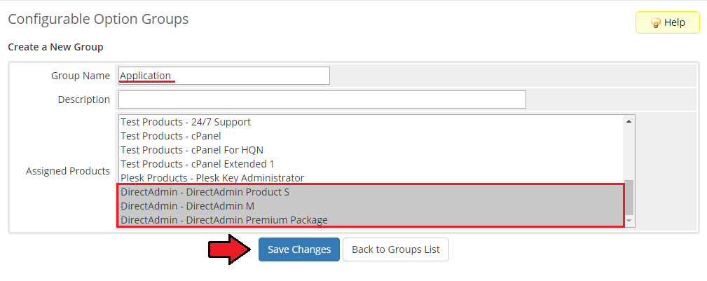 DirectAdmin Extended For WHMCS: WHMCS Create a New Group form with group name Application and DirectAdmin products