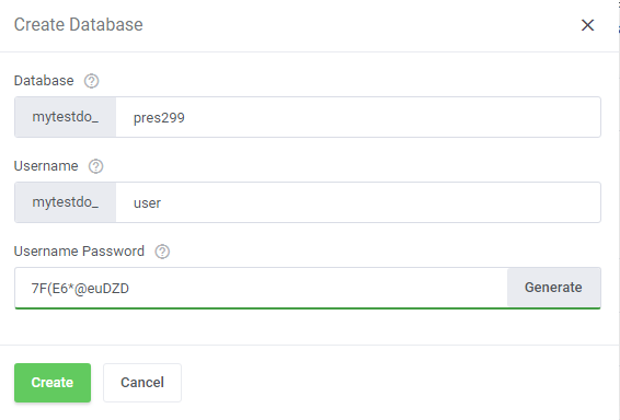 DirectAdmin Extended For WHMCS: Create Database dialog with database name, username and a generated password