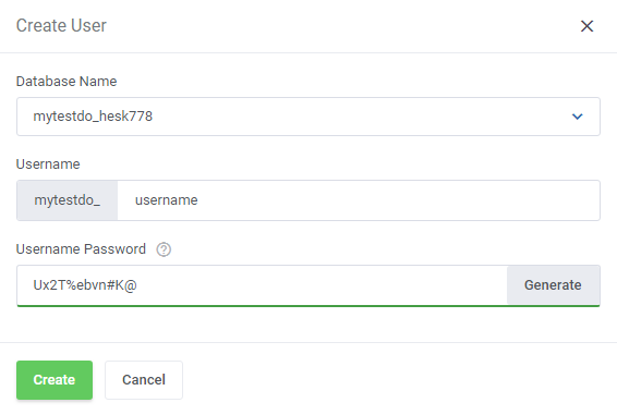 DirectAdmin Extended For WHMCS: Create User dialog with database selection, username and a generated password