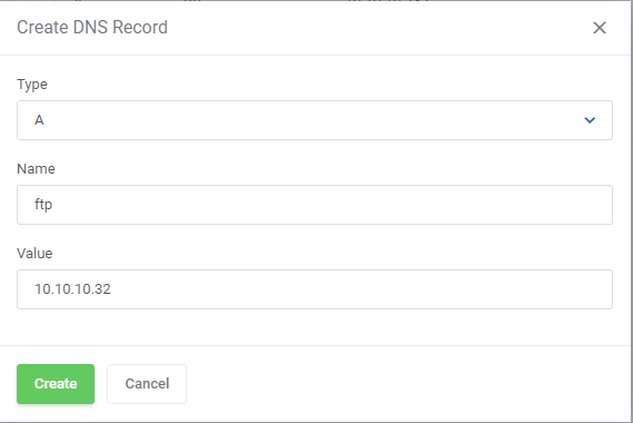 DirectAdmin Extended For WHMCS: Create DNS Record dialog with type, name and value fields for a domain pointer