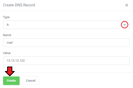 DirectAdmin Extended For WHMCS: Create DNS Record dialog with record type, name and value fields and the Create button
