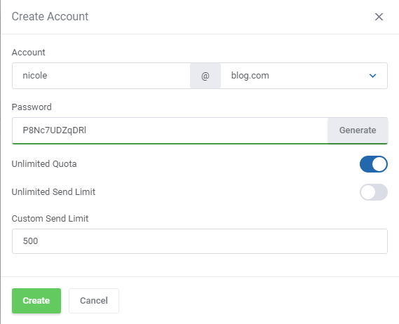 DirectAdmin Extended For WHMCS: Create Account dialog with password generator, unlimited quota and custom send limit