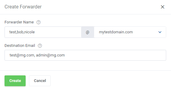 DirectAdmin Extended For WHMCS: Create Forwarder dialog with several forwarder names and destination emails