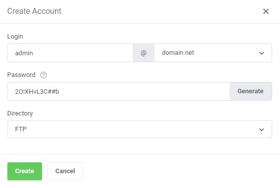 DirectAdmin Extended For WHMCS: Create Account dialog for an FTP account with login, domain, password and directory