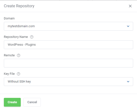 DirectAdmin Extended For WHMCS: Create Repository form with domain, name, remote URL and Key File set to Without SSH key