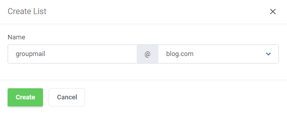 DirectAdmin Extended For WHMCS: Create List dialog with the mailing list name and domain fields