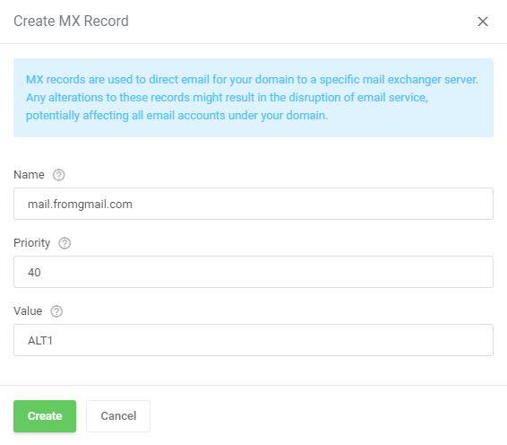 DirectAdmin Extended For WHMCS: Create MX Record dialog with name, priority and value fields and the Create button