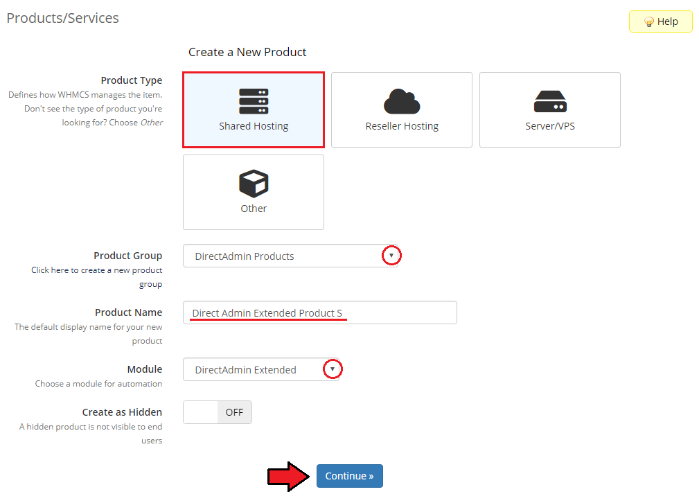 DirectAdmin Extended For WHMCS: Create a New Product form with the DirectAdmin Extended module selected
