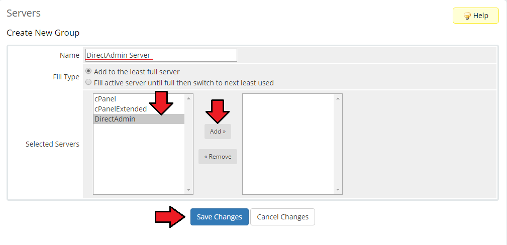 DirectAdmin Extended For WHMCS: Create New Group form with a server group name and selected server