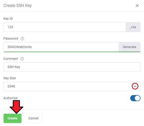 DirectAdmin Extended For WHMCS: Create SSH Key form with key ID, password, comment, key size and Authorize switch