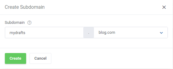 DirectAdmin Extended For WHMCS: Create Subdomain dialog with the subdomain name and domain list in the client area