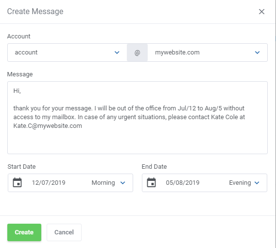 DirectAdmin Extended For WHMCS: Create Message dialog for a vacation message with start and end date selectors