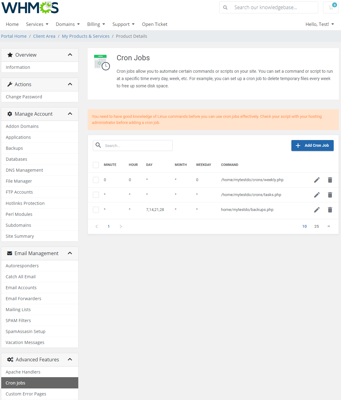 DirectAdmin Extended For WHMCS: Cron Jobs list with minute, hour, day, month, weekday and command columns in the client