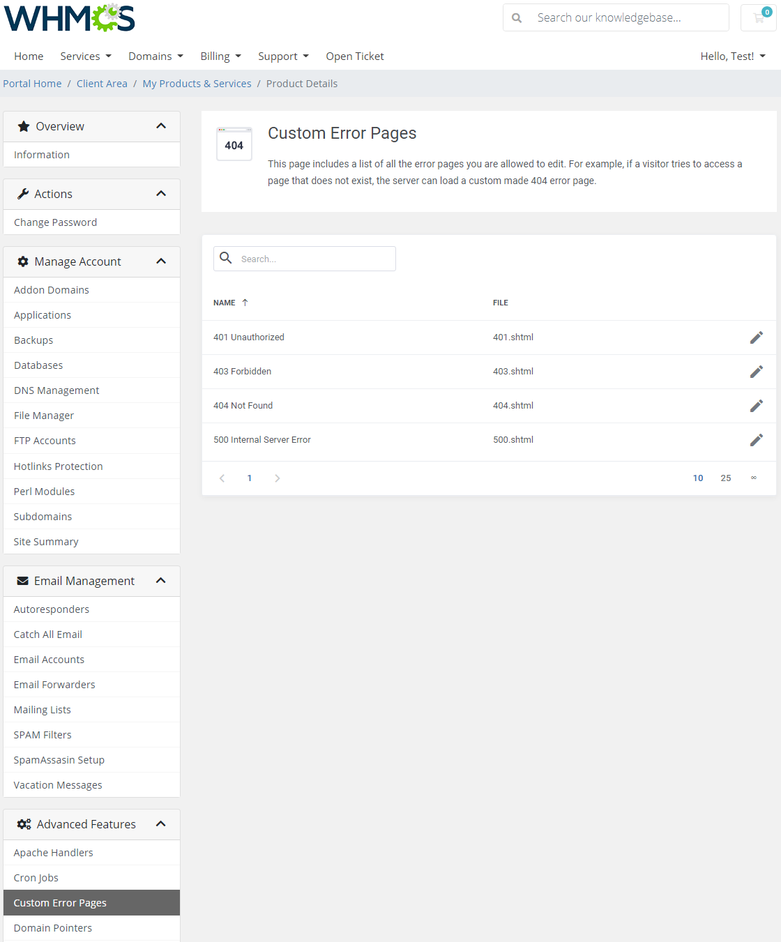 DirectAdmin Extended For WHMCS: Custom Error Pages list with 401, 403, 404 and 500 error files and edit icons