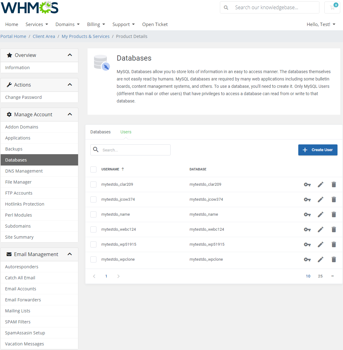 DirectAdmin Extended For WHMCS: Databases Users tab with the Create User button and password, edit, delete icons