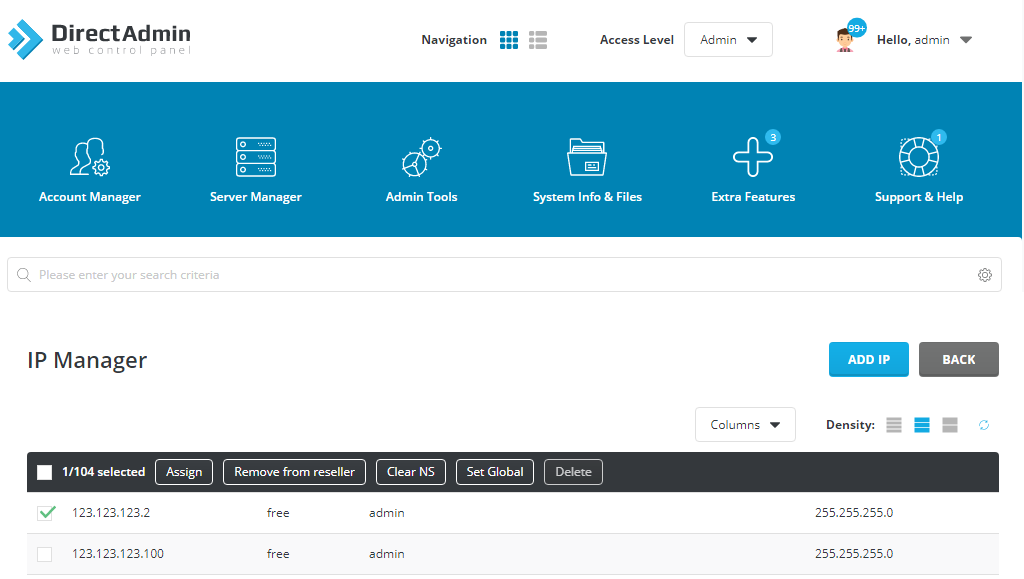 DirectAdmin Extended For WHMCS: DirectAdmin IP Manager with a free IP selected and the Assign button