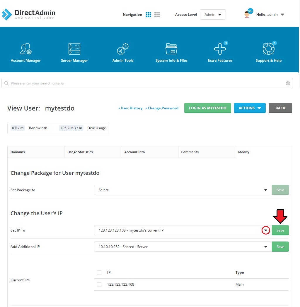 DirectAdmin Extended For WHMCS: DirectAdmin View User page, Modify tab, with the Set IP To dropdown and Save button