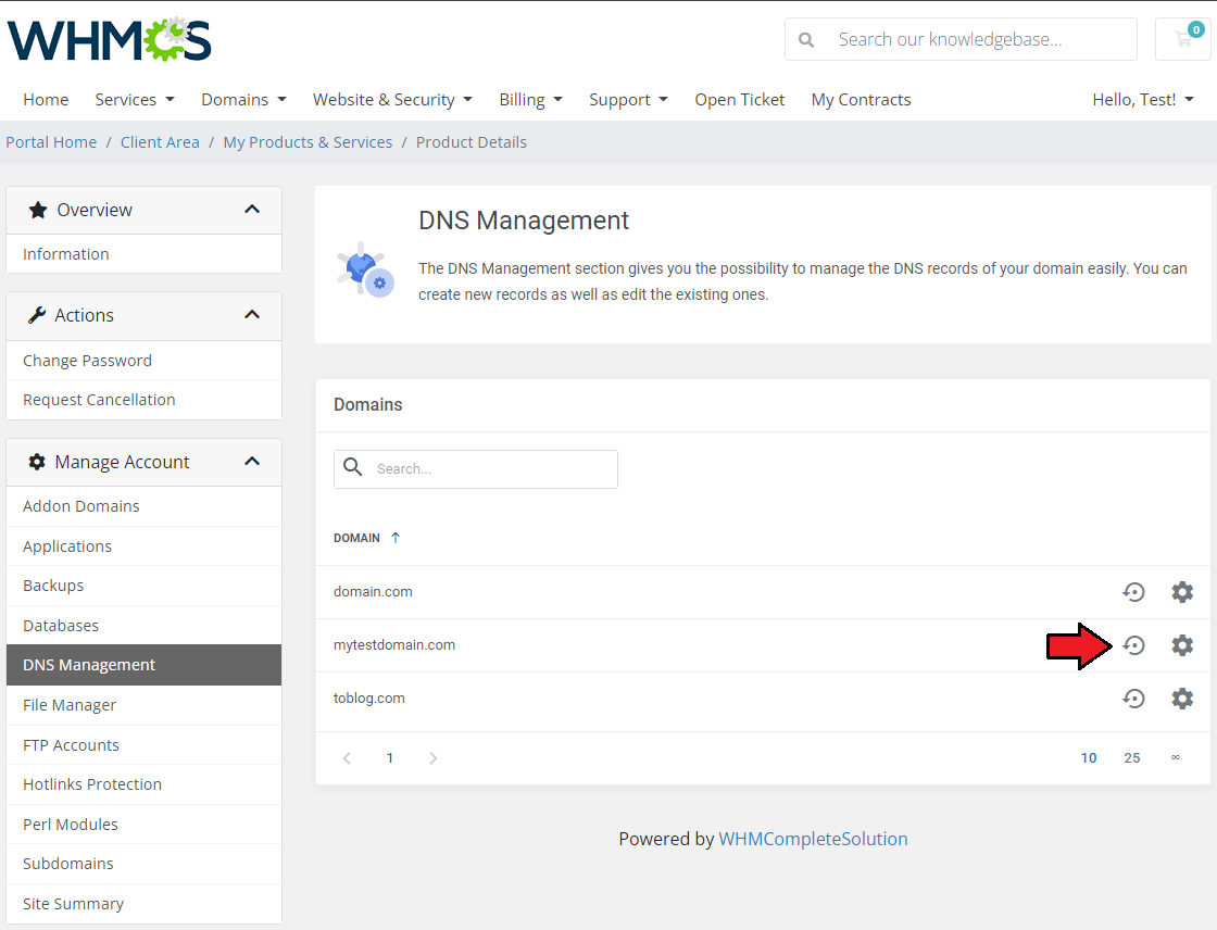 DirectAdmin Extended For WHMCS: DNS Management domains list with the restore default configuration icon marked with an