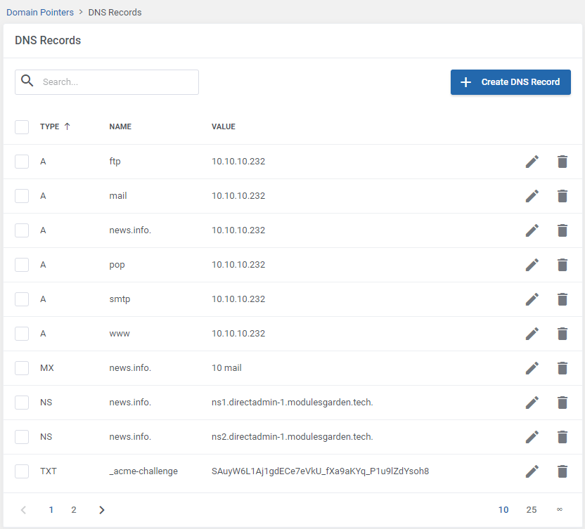 DirectAdmin Extended For WHMCS: DNS Records list of a domain pointer with type, name and value columns