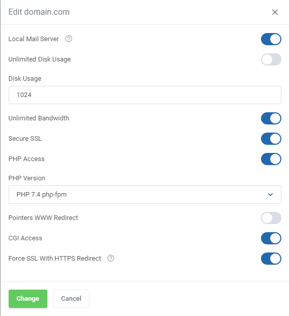 DirectAdmin Extended For WHMCS: Edit domain form with PHP version selection and SSL, CGI options