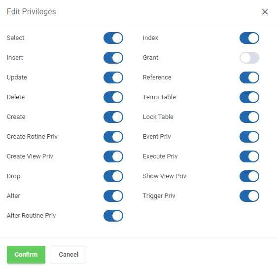 DirectAdmin Extended For WHMCS: Edit Privileges dialog with toggles for MySQL privileges such as Select and Insert