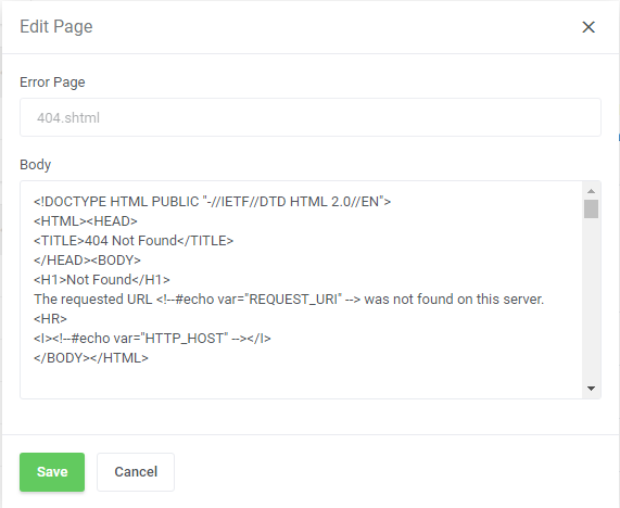 DirectAdmin Extended For WHMCS: Edit Page dialog with the HTML body of the 404.shtml custom error page