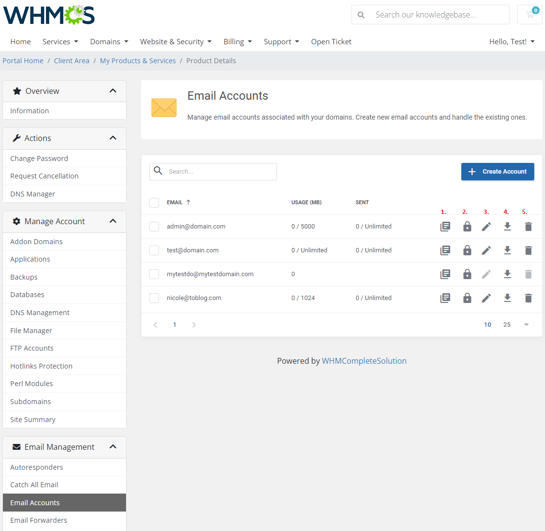 DirectAdmin Extended For WHMCS: Email Accounts list in the client area with numbered action icons including the delete
