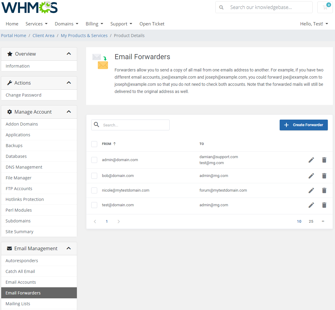 DirectAdmin Extended For WHMCS: Email Forwarders list with sender and destination addresses and Create Forwarder button