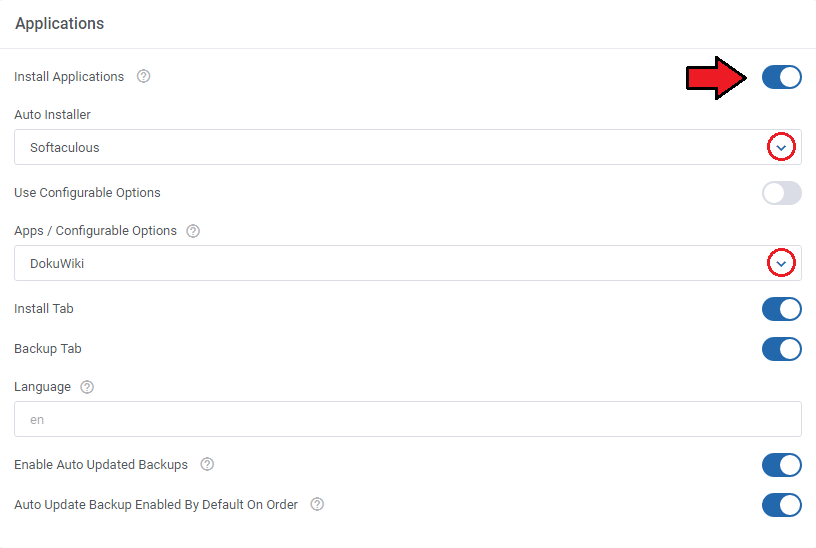 DirectAdmin Extended For WHMCS: Applications settings with Install Applications enabled and Softaculous chosen