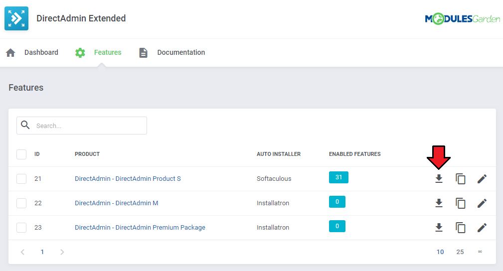 DirectAdmin Extended For WHMCS: Features product list with the download icon for the applications list