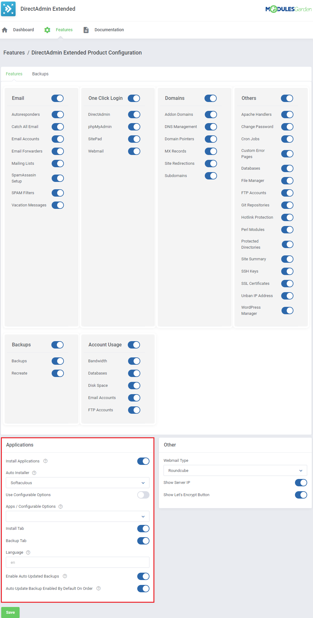 DirectAdmin Extended For WHMCS: Features configuration page with the Applications section highlighted