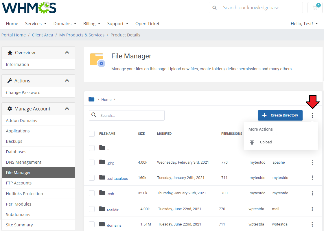 DirectAdmin Extended For WHMCS: File Manager with the Create Directory button and the More Actions Upload option