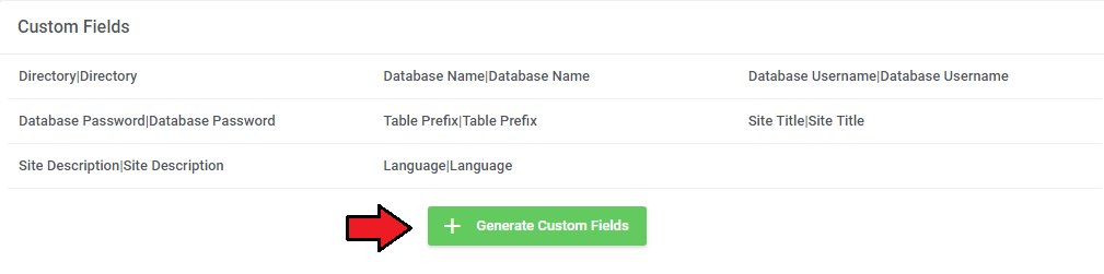DirectAdmin Extended For WHMCS: Custom Fields section in the module settings with the Generate Custom Fields button