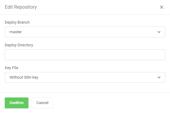 DirectAdmin Extended For WHMCS: Edit Repository form with Deploy Branch, Deploy Directory and Key File fields